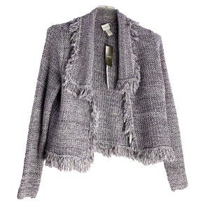 Chico's Freida Fringe Open Knit Cardigan Sweater Lavender Silver Metallic $109